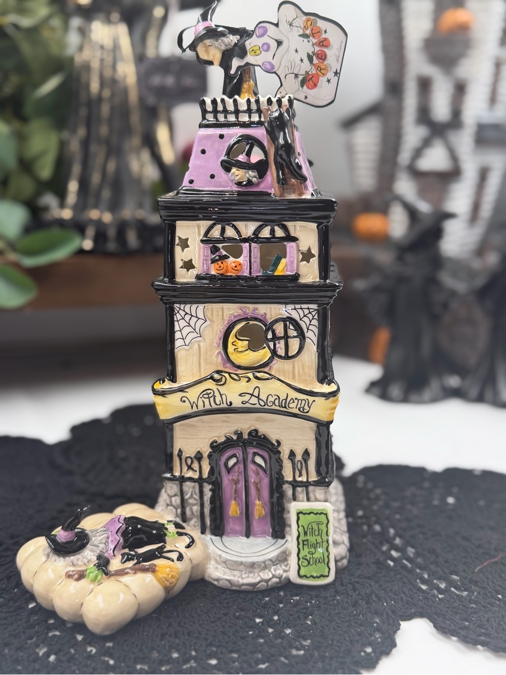 new blue sky clayworks flying witch academy halloween candle house htf